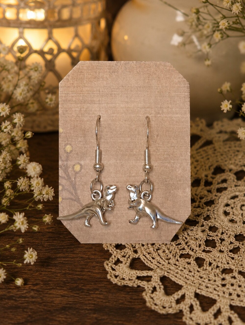 🦖 Boutique Silver T-Rex Dinosaur Dangle Earrings ✨ Y2K Indie Boho